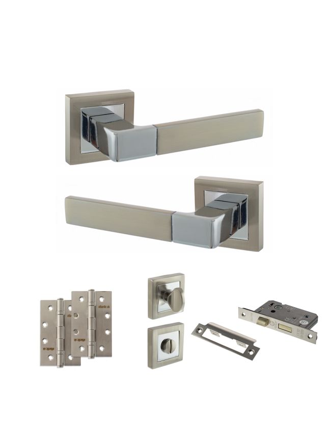 STATUS Montana Door Handle Pack (Bathroom Set - 3" CE Bathroom Lock, 4" Slim Knuckle Hinges x2) - Satin Nickel/Polished Chrome