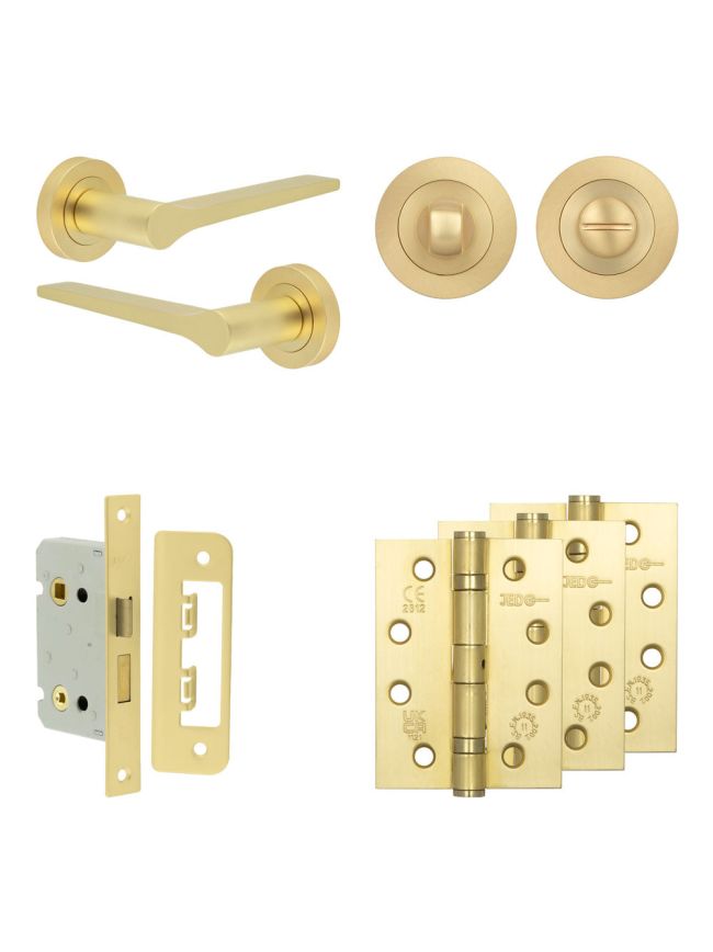 Complete Gio Door Handle Pack - Bathroom Lock (Standard Thumb Turn) - Satin Brass - 65mm / 4-inch Hinges - JE-E5A3-SB