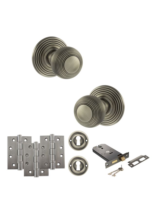 Old English Ripon Door Knob Pack (Lock Set - Horizontal Sashlock, 4" Fire Rated Hinges x3) - Matt Gun Metal