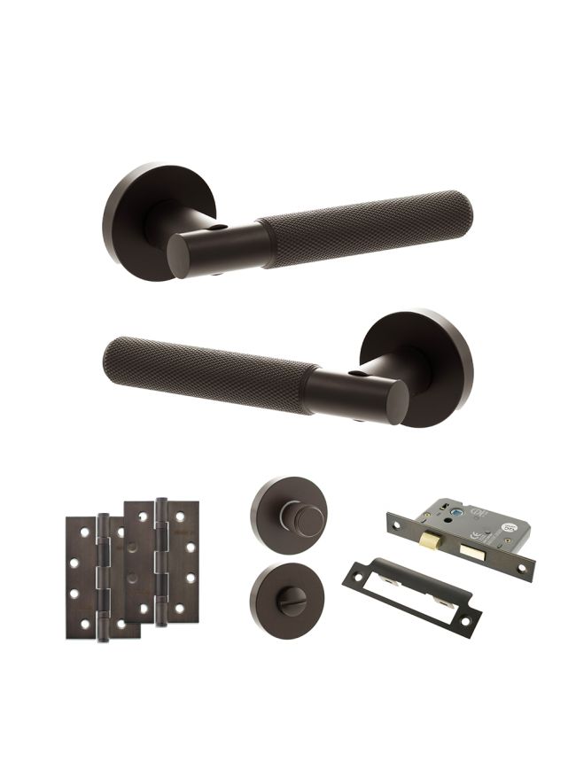 Senza Pari Rosarno Door Handle Pack (Bathroom Set - 3" CE Bathroom Lock, 4" Slim Knuckle Hinges x2) - Urban Dark Bronze