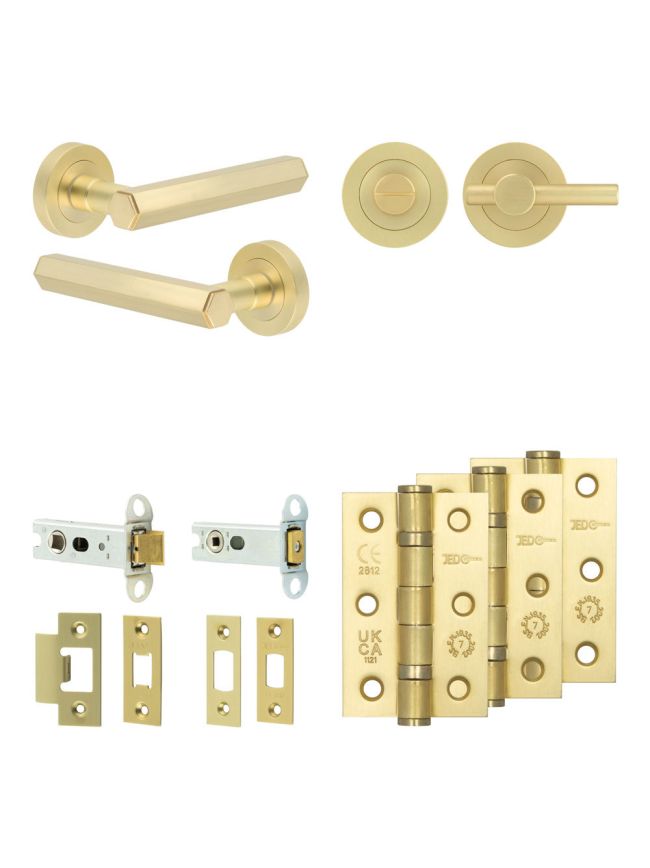 Complete Hex Door Handle Pack - Heavy Duty Tubular Bathroom (Plain Thumb Turn) - Satin Brass - 76mm / 3-inch Hinges - JE-C31B2-SB