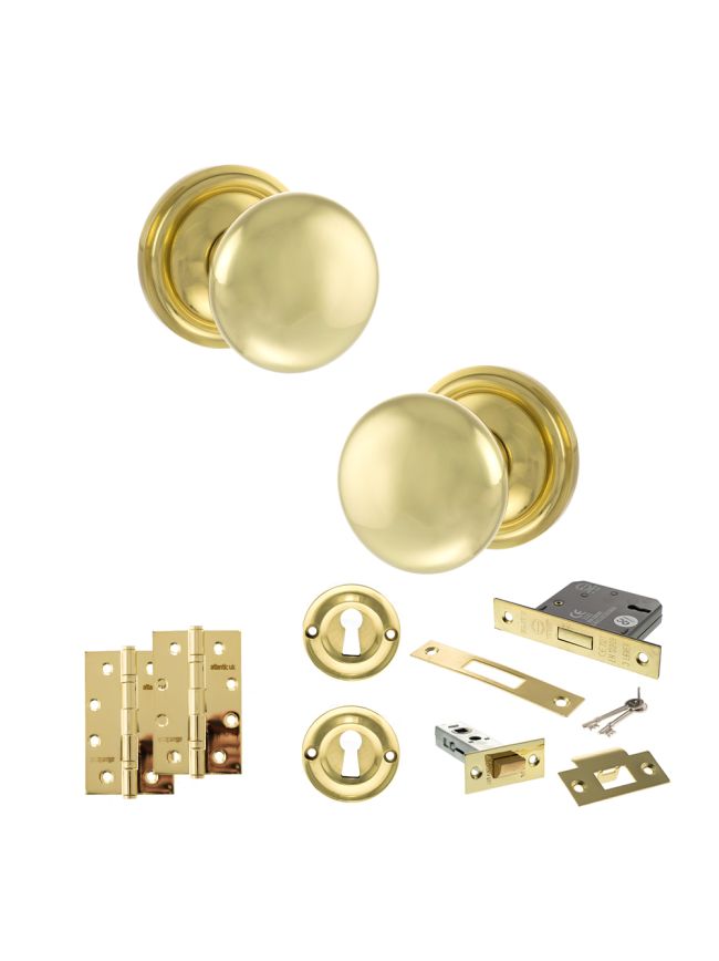 Old English Harrogate Door Knob Pack (Lock Set - 3" Latch & Deadlock, 4" Slim Knuckle Hinges x2) - Polished Brass