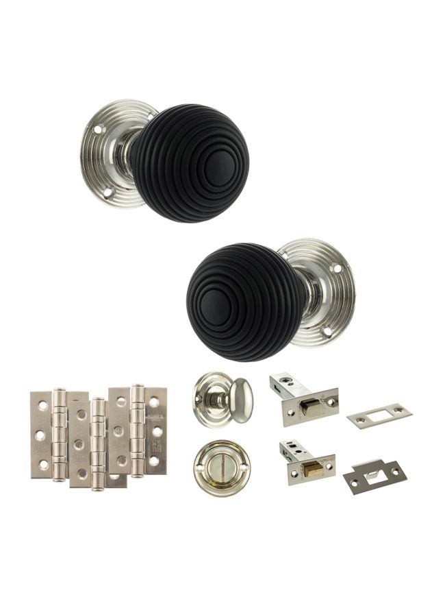 Old English Whitby Door Knob Pack (Bathroom Set - 3" Deadbolt, 3" Fire Rated Hinges x3) - Polished Nickel