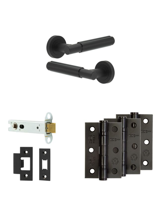 Complete Bloom Door Handle Pack - Heavy Duty Latch - Matt Black - 102mm / 3-inch Hinges - JE-B22B-MB