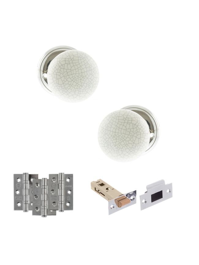 Old English Skipton Door Knob Pack (Latch Set - 4" HD Latch, 3" Fire Rated Hinges x3) - Polished Chrome