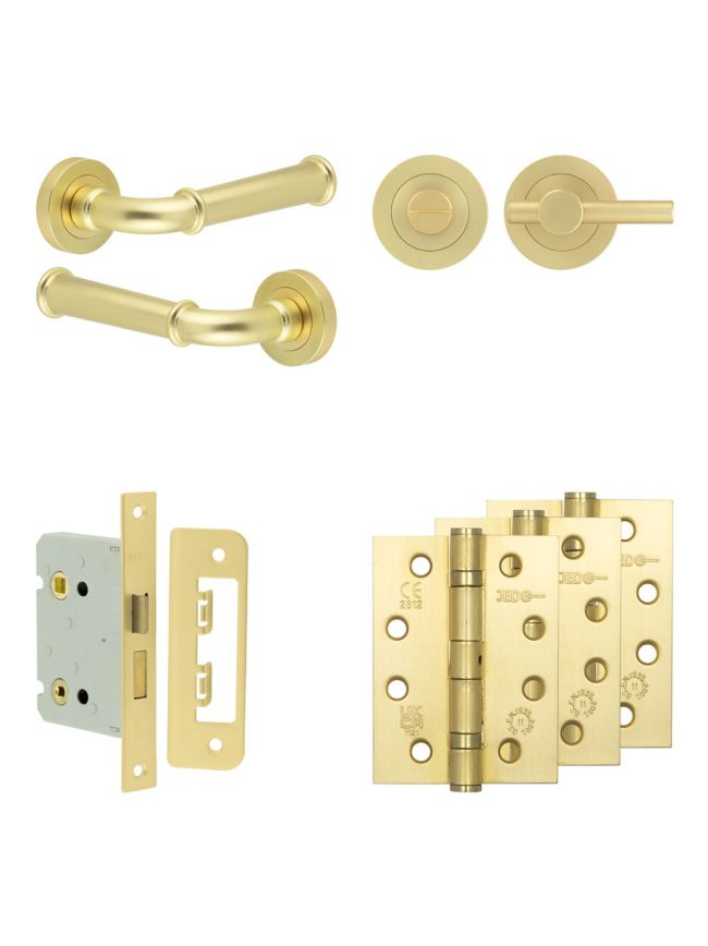 Complete Classic Door Handle Pack - Bathroom Lock (Plain Thumb Turn) - Satin Brass - 76mm / 4-inch Hinges - JE-A6A2-SB