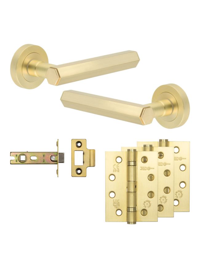 Complete Hex Door Handle Pack - Internal Doors - Satin Brass - 76mm / 4-inch Hinges - JE-C3A-SB