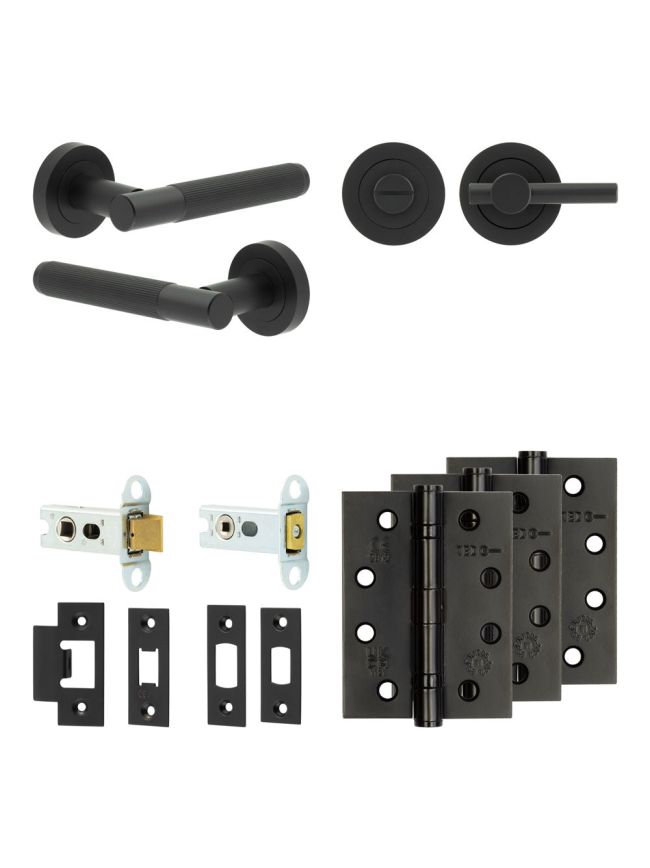 Complete Venice Door Handle Pack - Heavy Duty Tubular Bathroom (Plain Thumb Turn) - Matt Black - 64mm / 4-inch Hinges - JE-F30A2-MB