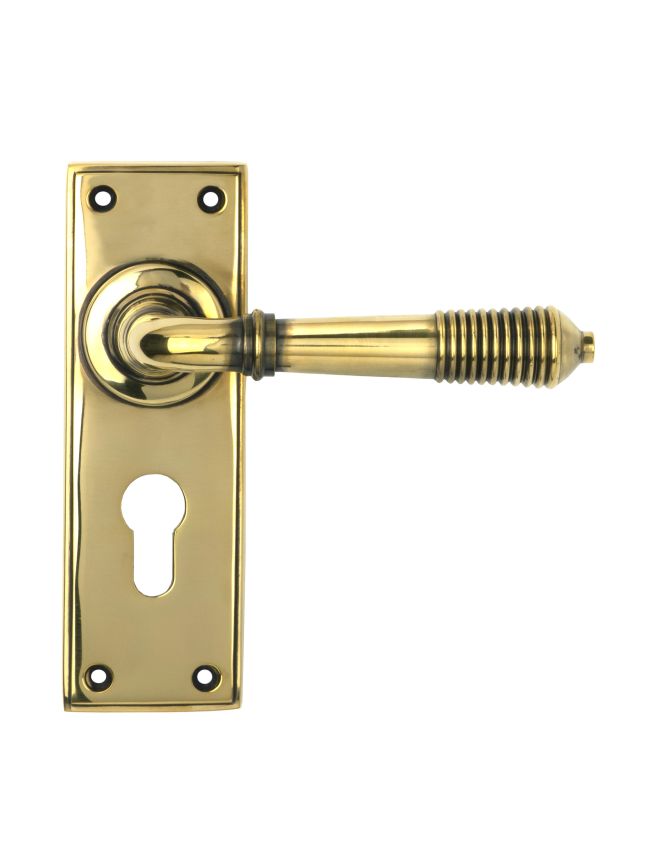 Aged Brass Reeded Lever Euro Lock Set