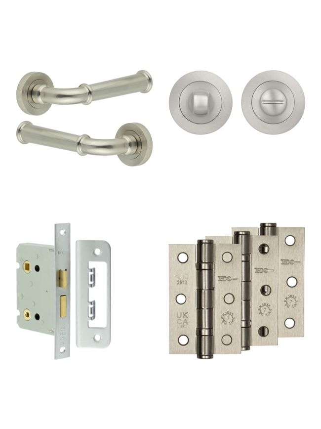 Complete Classic Door Handle Pack - Bathroom Lock (Standard Thumb Turn) - Satin Nickel - 76mm / 3-inch Hinges - JE-A6B3-SN