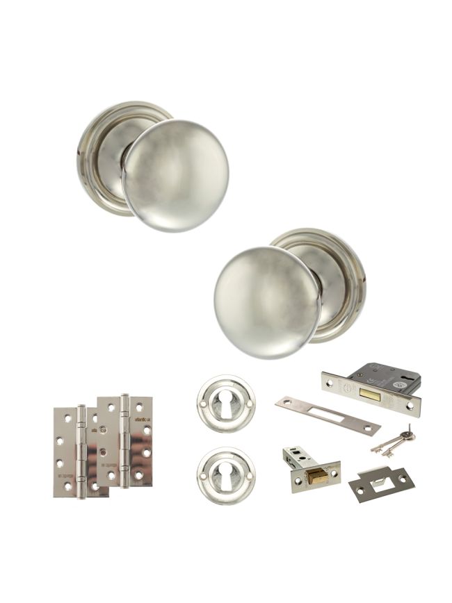Old English Harrogate Door Knob Pack (Lock Set - 3" Latch & Deadlock, 4" Slim Knuckle Hinges x2) - Polished Nickel