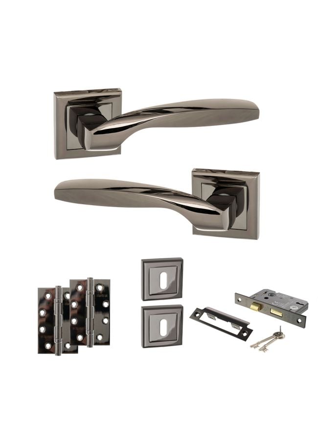 STATUS Oklahoma Door Handle Pack (3 Lever Lock Set - 3" CE Sashlock, 4" Slim Knuckle Hinges x2) - Black Nickel
