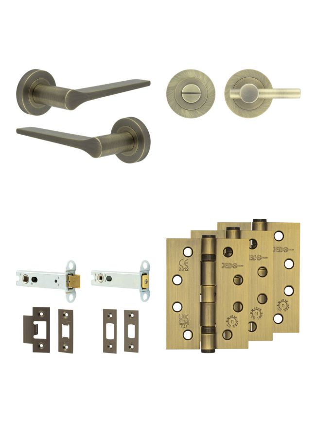 Complete Gio Door Handle Pack - Heavy Duty Tubular Bathroom (Plain Thumb Turn) - Antique Brass - 102mm / 4-inch Hinges - JE-E32A2-AB