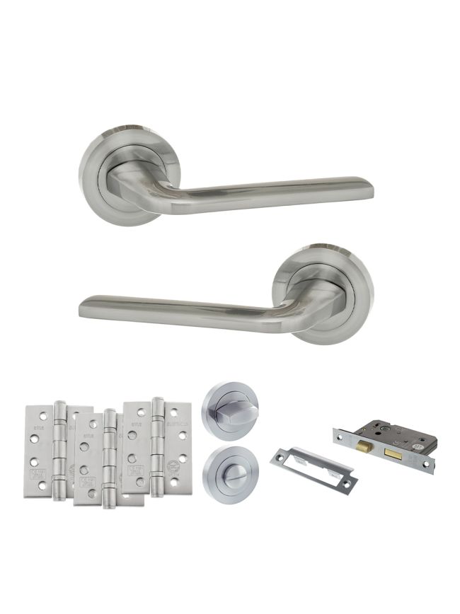 Eco Surf Door Handle Pack (Bathroom Set - 3" CE Bathroom Lock, 4" Fire Rated Hinges x3) - Satin Chrome