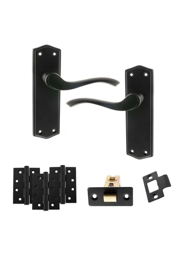 Old English Warwick Door Handle Pack (Latch Set - 3" CE Latch, 4" Fire Rated Hinges x3) - Matt Black