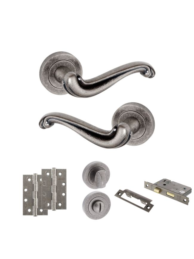Old English Colchester Door Handle Pack (Bathroom Set - 2.5" CE Bathroom Lock, 4" Slim Knuckle Hinges x2) - Distressed Silver
