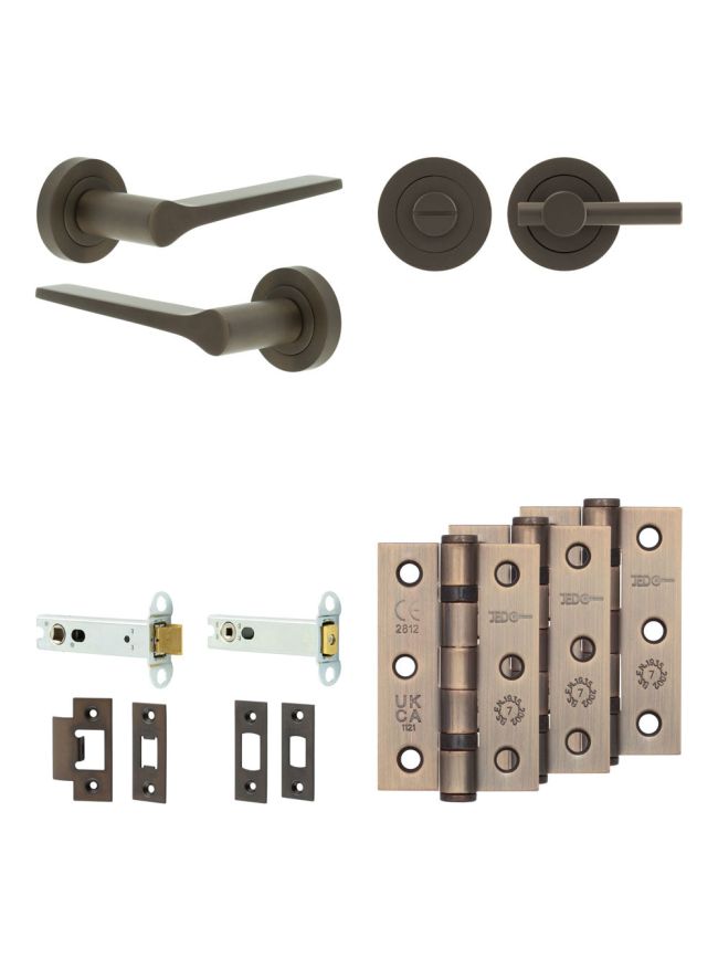 Complete Gio Door Handle Pack - Heavy Duty Tubular Bathroom (Plain Thumb Turn) - Dark Bronze - 102mm / 3-inch Hinges - JE-E32B2-DB