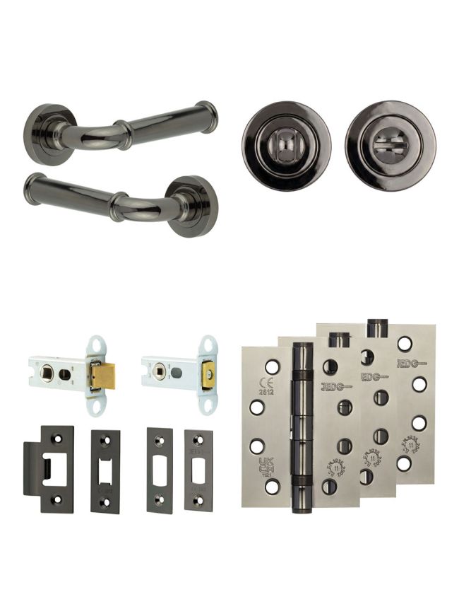Complete Classic Door Handle Pack - Heavy Duty Tubular Bathroom (Standard Thumb Turn) - Black Nickel - 64mm / 4-inch Hinges - JE-A30A3-BN