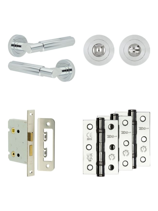 Complete Bloom Door Handle Pack - Bathroom Lock (Standard Thumb Turn) - Polished Chrome - 76mm / 3-inch Hinges - JE-B6B3-PC
