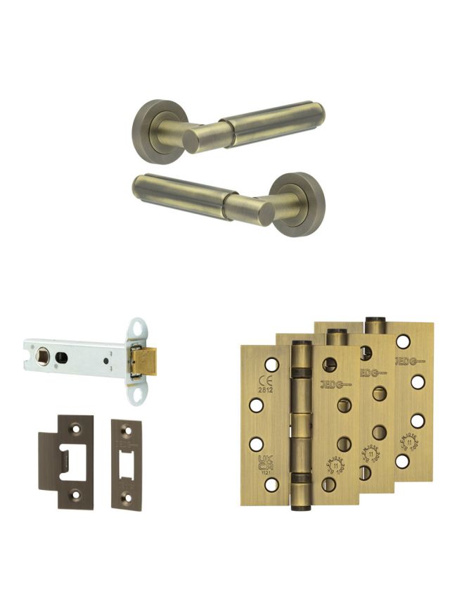 Complete Bloom Door Handle Pack - Heavy Duty Latch - Antique Brass - 102mm / 4-inch Hinges - JE-B22A-AB