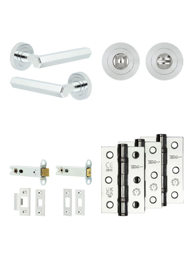 Complete Hex Door Handle Pack - Heavy Duty Tubular Bathroom (Standard Thumb Turn) - Polished Chrome - 102mm / 3-inch Hinges - JE-C32B3-PC