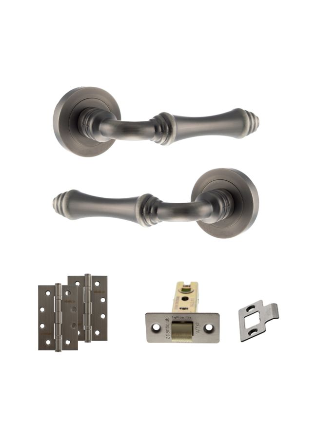 Old English Durham Door Handle Pack (Latch Set - 3" CE Latch, 4" Slim Knuckle Hinges x2) - Matt Gun Metal