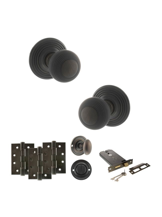 Old English Ripon Door Knob Pack (Lock Set - Horizontal Bathlock, 4" Fire Rated Hinges x3) - Urban Dark Bronze