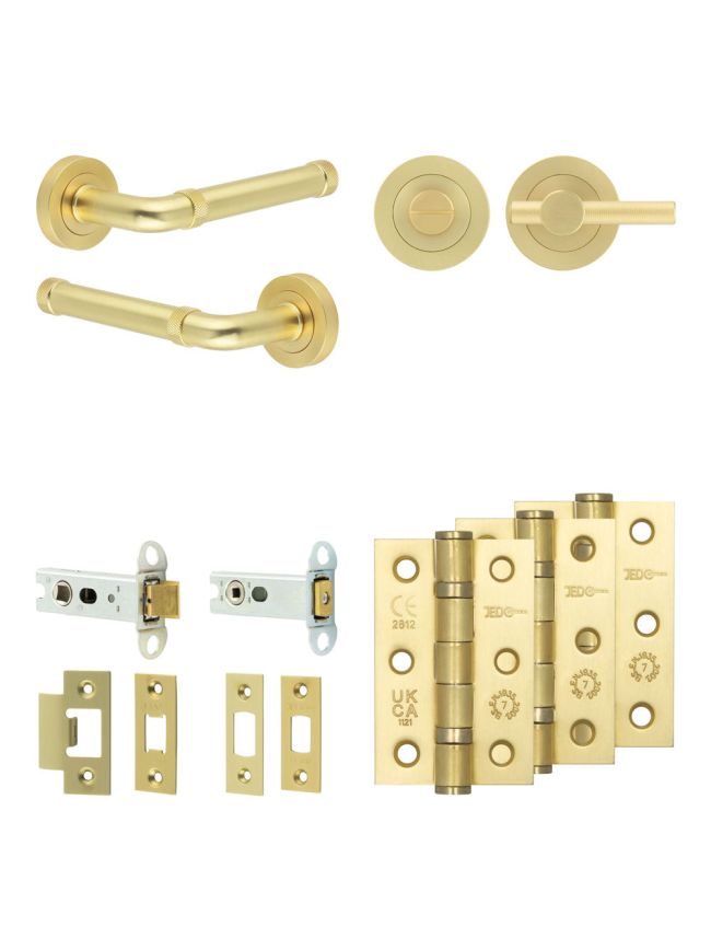 Complete Midtown Door Handle Pack - Heavy Duty Tubular Bathroom (Knurled Thumb Turn) - Satin Brass - 76mm / 3-inch Hinges - JE-G31B1-SB