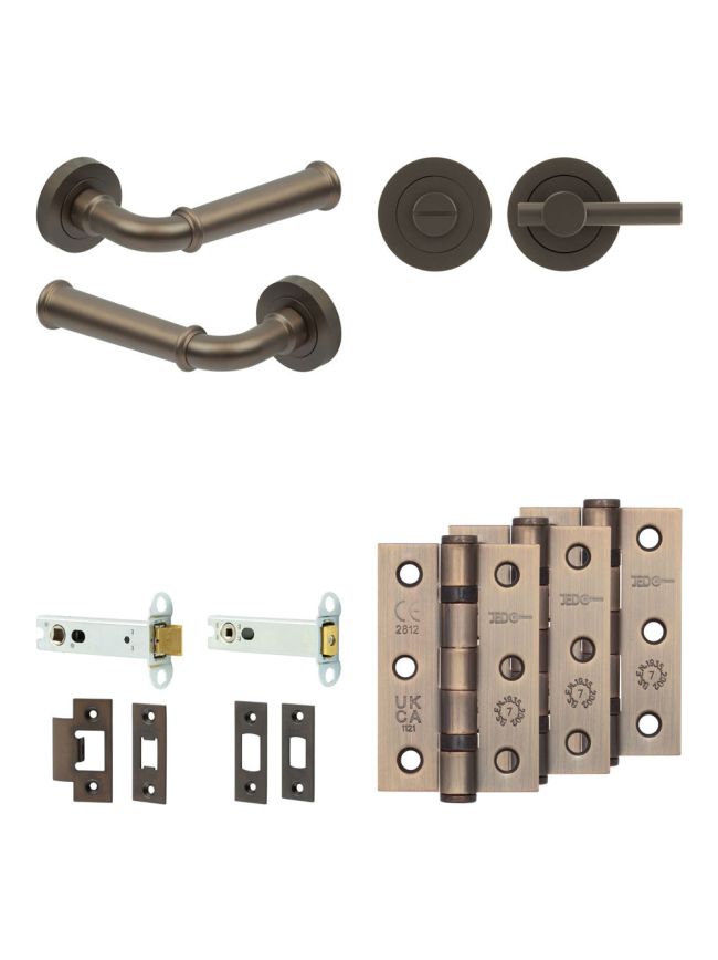 Complete Classic Door Handle Pack - Heavy Duty Tubular Bathroom (Plain Thumb Turn) - Dark Bronze - 102mm / 3-inch Hinges - JE-A32B2-DB