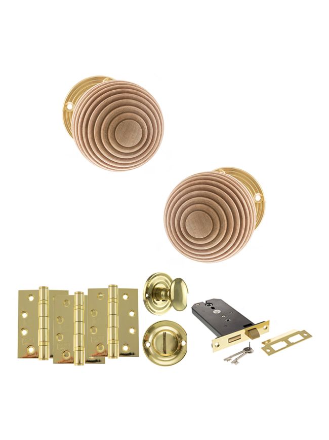 Old English Bridlington Door Knob Pack (Lock Set - Horizontal Bathlock, 4" Fire Rated Hinges x3) - Polished Brass