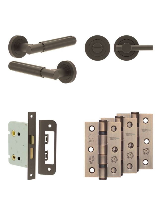 Complete Bloom Door Handle Pack - Bathroom Lock (Plain Thumb Turn) - Dark Bronze - 76mm / 3-inch Hinges - JE-B6B2-DB