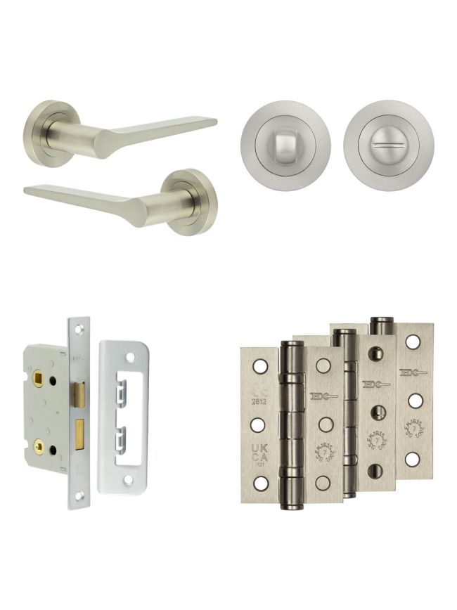 Complete Gio Door Handle Pack - Bathroom Lock (Standard Thumb Turn) - Satin Nickel - 65mm / 3-inch Hinges - JE-E5B3-SN
