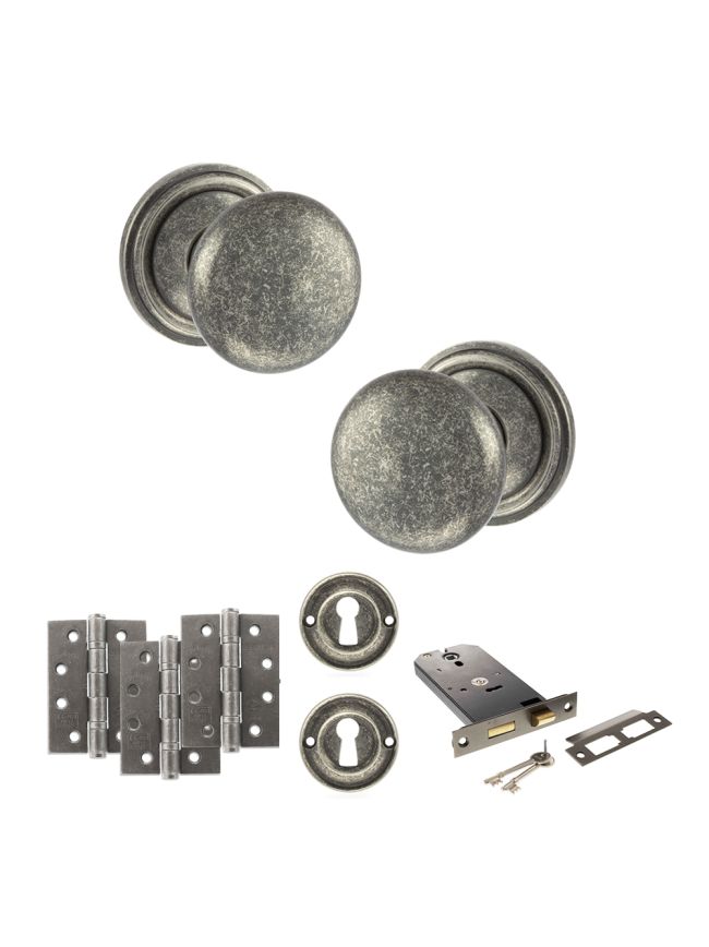 Old English Harrogate Door Knob Pack (Lock Set - Horizontal Sashlock, 3" Fire Rated Hinges x3) - Distressed Silver