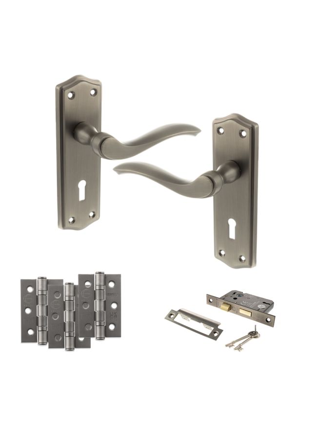 Old English Warwick Door Handle Pack (3 Lever Lock Set - 2.5" CE Sashlock, 3" Fire Rated Hinges x3) - Matt Gun Metal