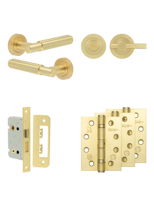 Complete Bloom Door Handle Pack - Bathroom Lock (Plain Thumb Turn) - Satin Brass - 65mm / 4-inch Hinges - JE-B5A2-SB