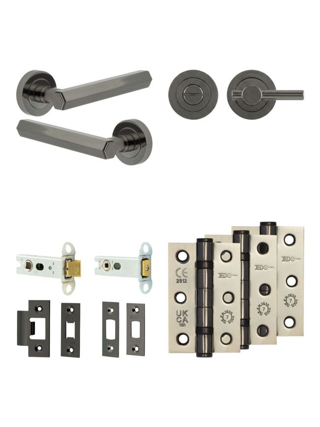 Complete Hex Door Handle Pack - Heavy Duty Tubular Bathroom (Plain Thumb Turn) - Black Nickel - 76mm / 3-inch Hinges - JE-C31B2-BN