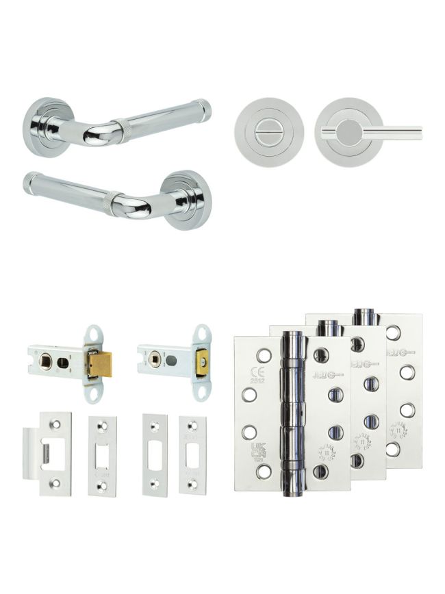 Complete Midtown Door Handle Pack - Heavy Duty Tubular Bathroom (Plain Thumb Turn) - Polished Chrome - 64mm / 4-inch Hinges - JE-G30A2-PC