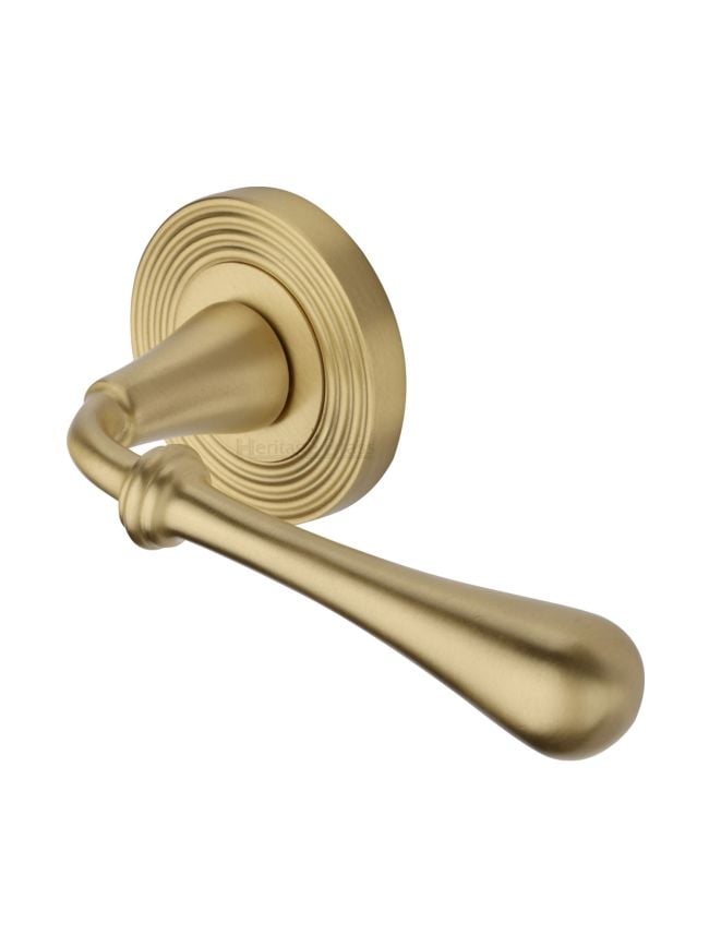 Heritage Brass Door Handle Lever Latch on Round Rose Roma Reeded Design Satin Brass finish
UK Registered Design Number 6226296