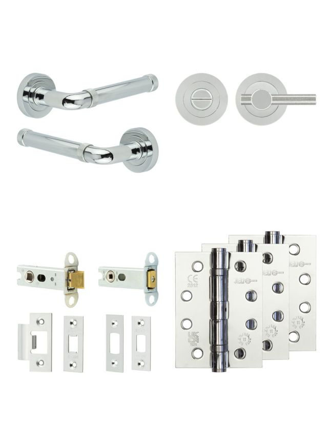 Complete Midtown Door Handle Pack - Heavy Duty Tubular Bathroom (Knurled Thumb Turn) - Polished Chrome - 76mm / 4-inch Hinges - JE-G31A1-PC