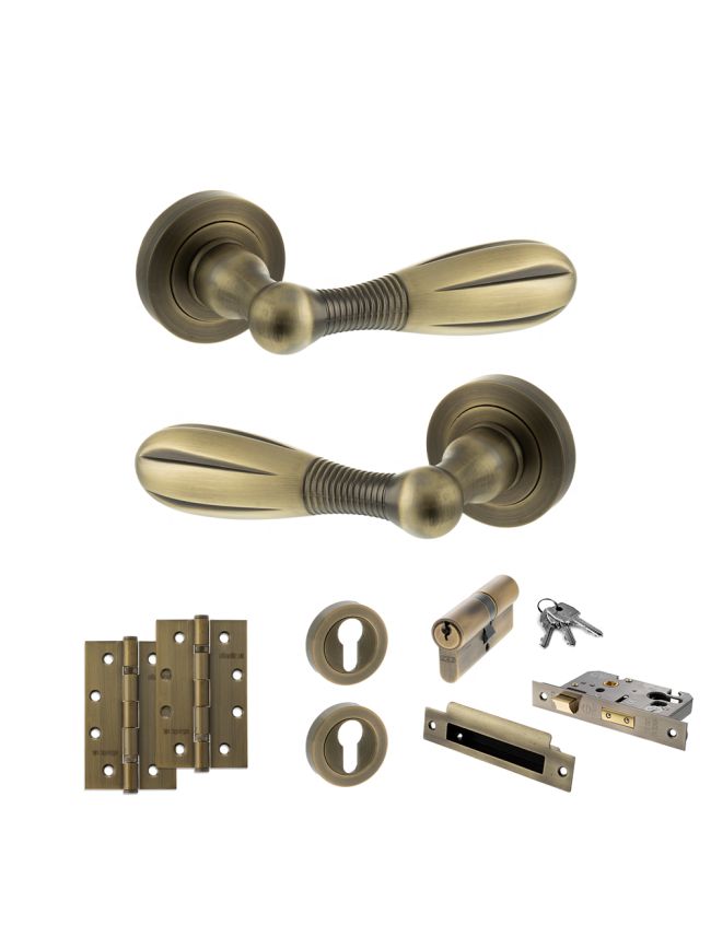 Old English Cambridge Door Handle Pack (Euro Lock Set - 3" CE Sashlock, 4" Slim Knuckle Hinges x2) - Matt Antique Brass
