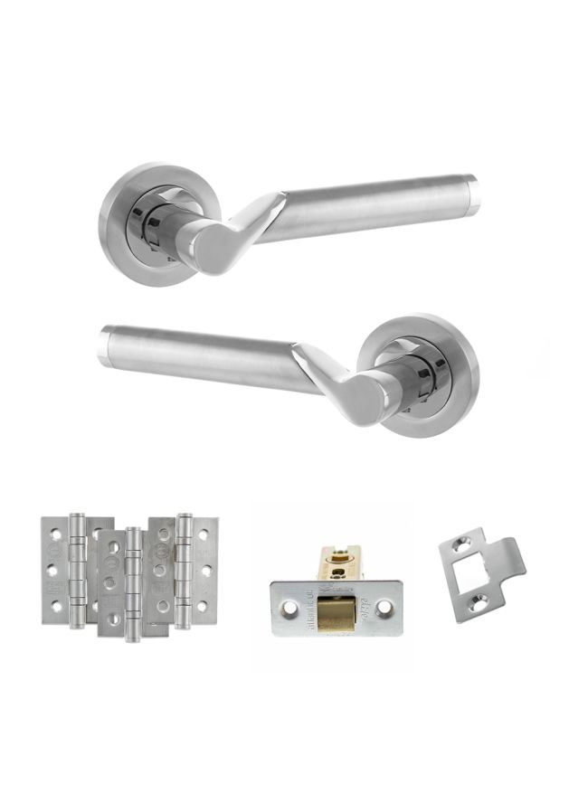 STATUS Hawaii Door Handle Pack (Latch Set - 2.5" CE Latch, 3" Fire Rated Hinges x3) - Satin Chrome/Polished Chrome