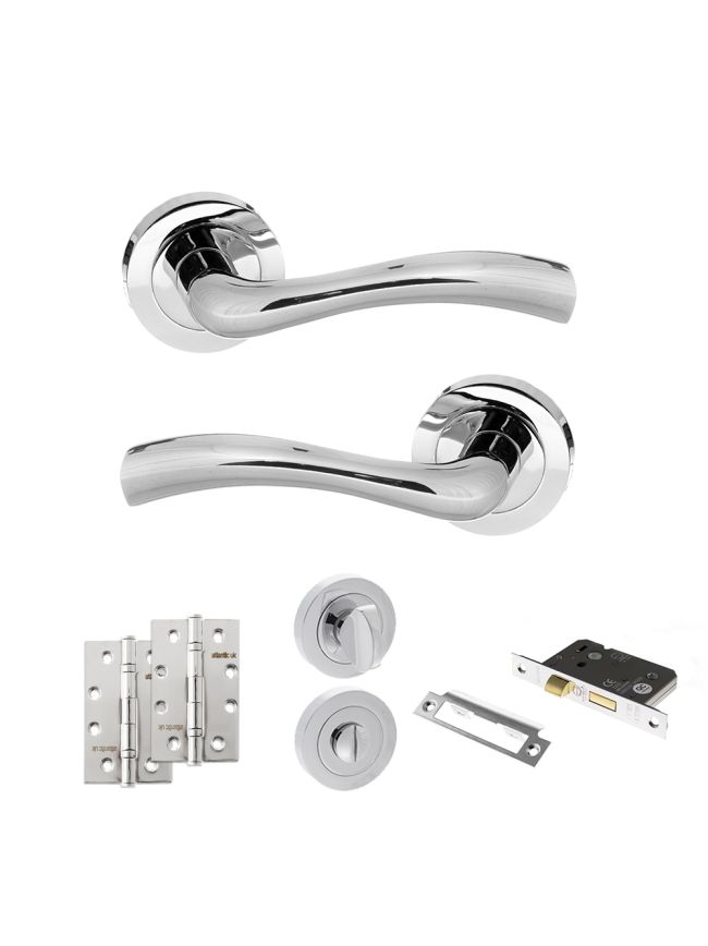 STATUS Texas Door Handle Pack (Bathroom Set - 2.5" CE Bathroom Lock, 4" Slim Knuckle Hinges x2) - Polished Chrome