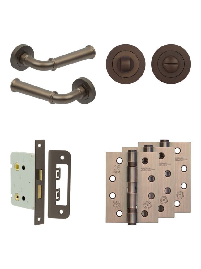 Complete Classic Door Handle Pack - Bathroom Lock (Standard Thumb Turn) - Dark Bronze - 76mm / 4-inch Hinges - JE-A6A3-DB