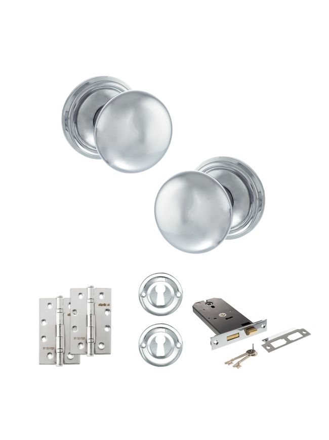 Old English Harrogate Door Knob Pack (Lock Set - Horizontal Sashlock, 4" Slim Knuckle Hinges x2) - Polished Chrome