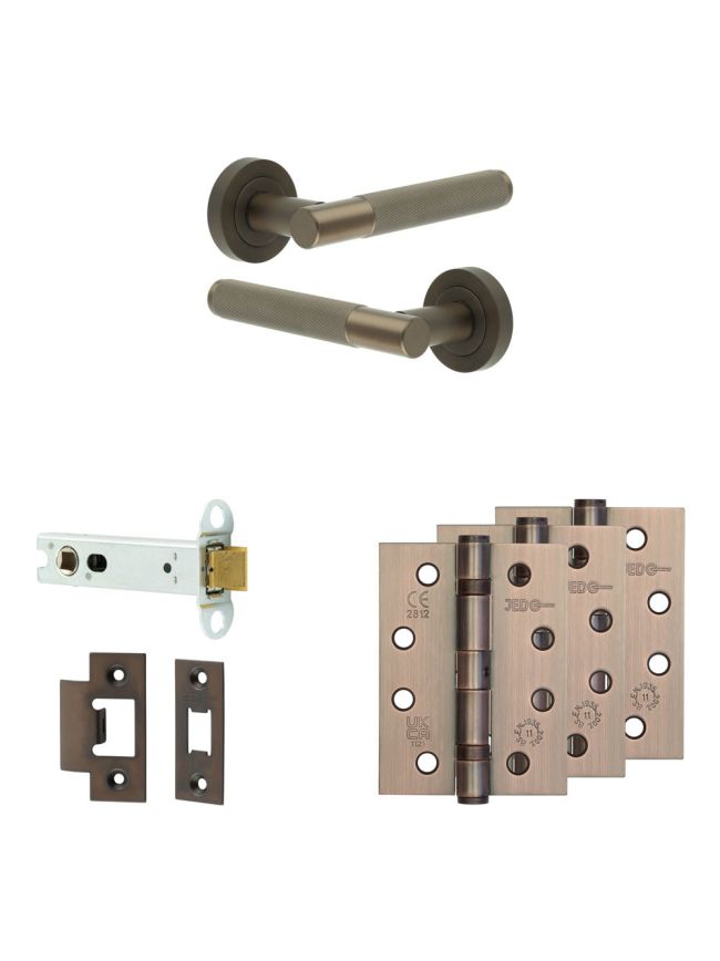 Complete Bari Door Handle Pack - Heavy Duty Latch - Dark Bronze - 102mm / 4-inch Hinges - JE-D22A-DB