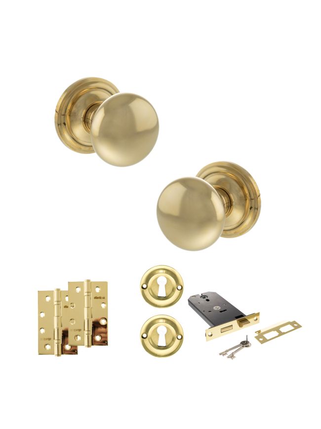 Old English Harrogate Door Knob Pack (Lock Set - Horizontal Sashlock, 4" Slim Knuckle Hinges x2) - Raw Brass