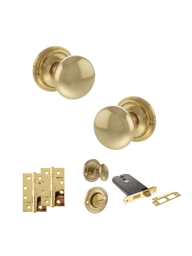 Old English Harrogate Door Knob Pack (Lock Set - Horizontal Bathlock, 4" Slim Knuckle Hinges x2) - Raw Brass
