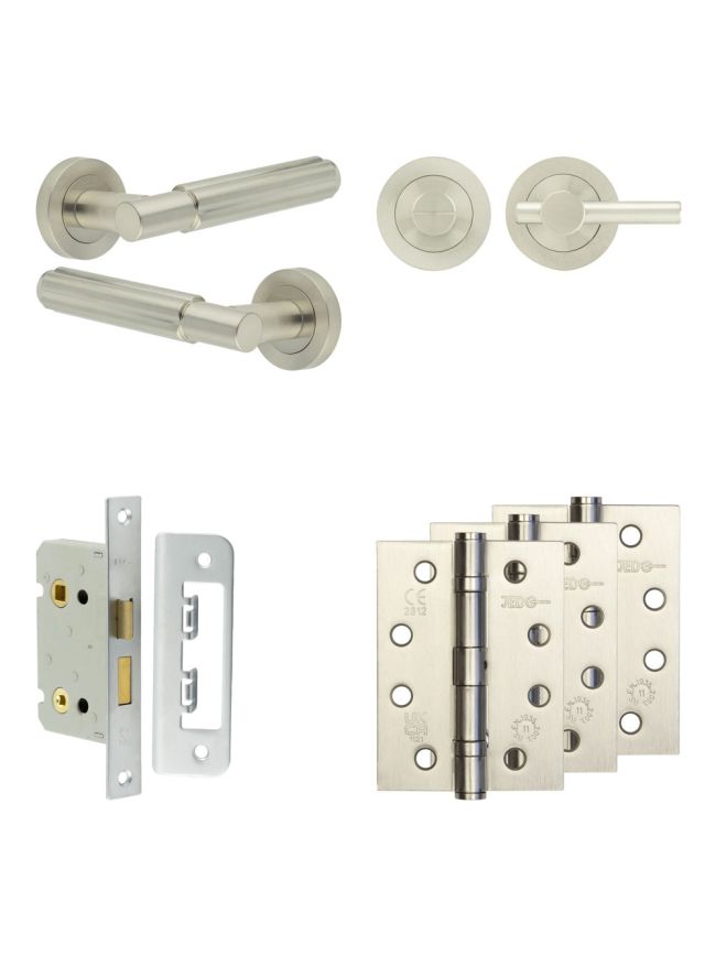 Complete Bloom Door Handle Pack - Bathroom Lock (Plain Thumb Turn) - Satin Nickel - 65mm / 4-inch Hinges - JE-B5A2-SN