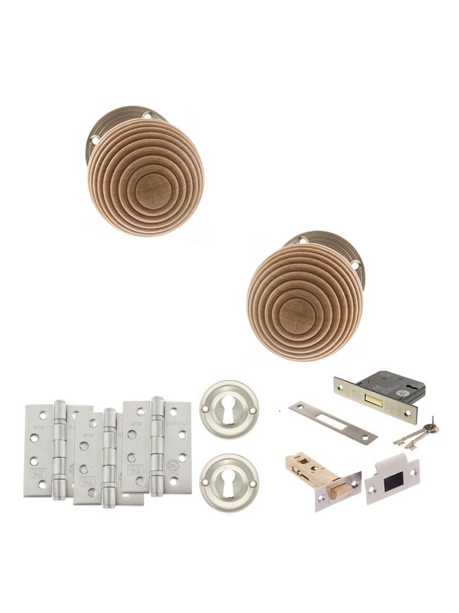 Old English Bridlington Door Knob Pack (Lock Set - 3" Latch & Deadlock, 4" Fire Rated Hinges x3) - Satin Nickel