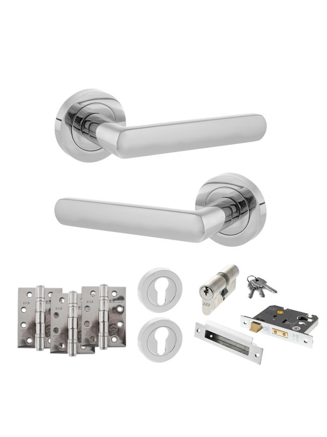STATUS Carolina Door Handle Pack (Euro Lock Set - 3" CE Sashlock, 4" Fire Rated Hinges x3) - Polished Chrome
